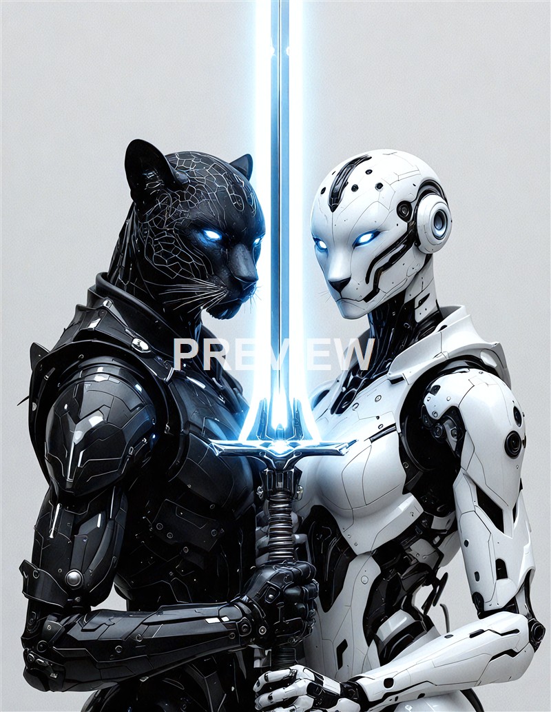 Two humanoid robots with feline features, one black and one white, are facing each other and holding a glowing sword between them.